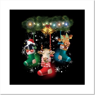 Cow In Socks Funny Cow Reindeer Hat Santa Christmas Lights Posters and Art